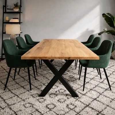 Produktbild von Massivholztisch Eiche 240x100 cm gerade Kante – Esszimmertisch mit 4 cm Tischplatte & X-Metallgestell – moderner Esstisch , Natur Geölt