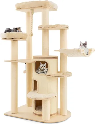 Produktbild von GOPLUS 173 cm Kratzbaum, Katzenbaum aus Holz mit Sitzfläche Oben, 3-stöckiger Katzenhöhle, Hängematte, Sisalpfosten, Beige