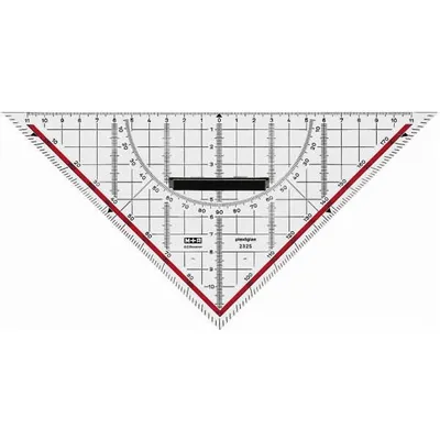 Produktbild von M+R Zeichendreieck, 22 cm, glasklar, Skala rot hinterlegt, 180° - 1°, 45°-Linie, markierte Winkel 7°, 42°, 75°