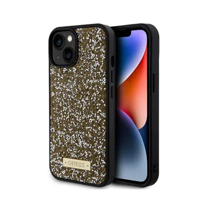 Obrázok produktu pre Puzdro na mobil GUESS vhodné pre IPHONE 13 / 14 / 15 GUHCP15SPFGSBSD (kovové logo s kamienkami) žlté