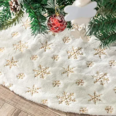 Obrázek produktu pro Dekorační podložka pod vánoční stromek, Umělá kožešina, zlatá barva, třpytky, motiv sněhových vloček, průměr 78 cm