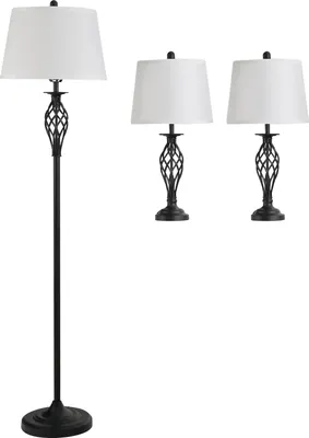 Produktbild von 3er-Lampenset 2 Tischlampe(ø38 x 158H cm) + 1 Stehlampe(ø30 x 62H cm) Vintage Standlampe mit Fußschalter Leselampe für Wohnzimmer, Schlafzimmer Metall, Schwarz+Weiß