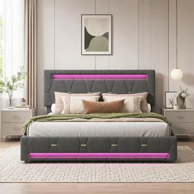 Immagine prodotto di Letto imbottito matrimoniale INONEFT, 160x200 cm, con contenitore e 4 cassetti, struttura letto per ragazzi con rete a doghe, poggiatesta regolabile con LED, colore grigio lino