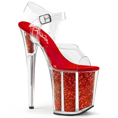 Produktbild von FLAMINGO-808G Pleaser High-Heels Plateau Sandaletten klar rote Glittereinsätze