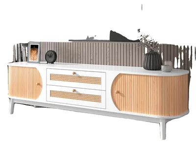 Zdjęcie produktu dla Szafka pod telewizor, lite drewno i rattan, nowoczesny styl rustykalny, biała – MDF – 50–59 cali