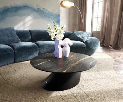 Produktbild von DELIFE Couchtisch Edge Rund 90x90 cm Keramik Laminam® Noir Desir Braun Conis Metall Schwarz