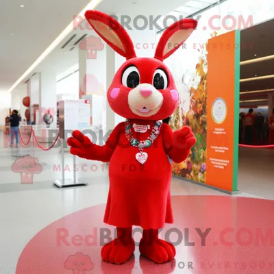 Produktbild von Maskottchenkostüm REDBROKOLY Roter Hase mit Etuikleid und Armbändern
