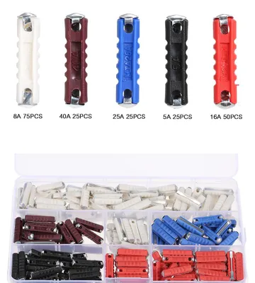 Image de Boîte assortie de 200 fusibles continentaux à action rapide (type « torpille ») pour voitures anciennes : 5 A, 8 A, 10 A, 16 A, 25 A. Jeu de fusibles automobiles allemands/européens, diamètre 6 mm