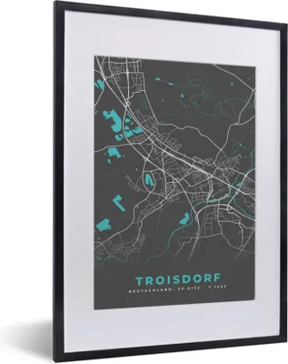 Produktbild von MuchoWow® Gerahmtes Poster Deutschland - Blau - Troisdorf - Stadtplan - Karte 30x40 cm - Poster mit Schwarzem Bilderrahmen Wandposter Rahmen Foto Bilder - Wandposter Schlafzimmer