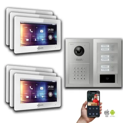 Produktbild von Goliath 2-Draht BUS Video Türsprechanlage: 6 Familienhaus, RFID, Zahlencode, Silber : Aufputzdose : 7 Zoll in Weiß Monitor Auswahl: 7 Zoll in Weiß Türklingel Montagedose: Aufputzdose