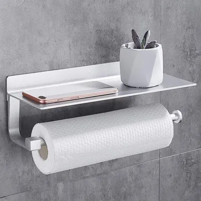Produktbild von Unyqoos® Wand-Küchenrollenhalter (bohrfrei) mit Ablage – selbstklebend, Raumfahrt-Aluminium, silber, multifunktional, Tragkraft 10 kg