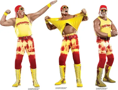Three images of Hulk Hogan in his wrestling attire, posed differently.