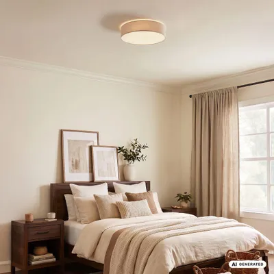 Image de Briloner Plafonnier LED abat-jour en tissu Ø38x10,5 cm rond 24W 2600lm 3 000K blanc chaud taupe - Lustre salon chambre cuisine couloir