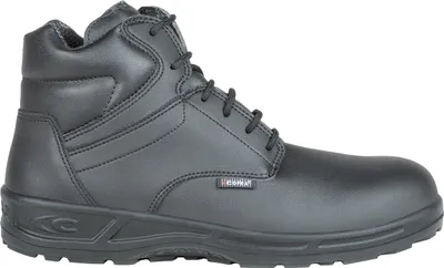 A black work boot is shown from the side against a white background.
