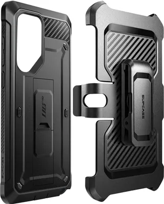 A black phone case and holster are shown against a white background.