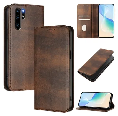 A collage of images showing a brown leather phone case for a Huawei P30 Pro from different angles, including a close-up of the camera area and a view of the phone inside the case.