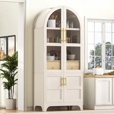 Immagine prodotto di Mobiletto da cucina STILVORA con vetro smerigliato e ampio spazio di stoccaggio, vetrina per soggiorno e cucina, mobile contenitore alto con ripiani regolabili e cassetto
