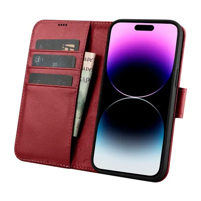 Produktbild von iCarer Wallet Case 2in1 Cover iPhone 14 Pro Max Leder Flip Cover Anti-RFID Rot (WMI14220728-RD)