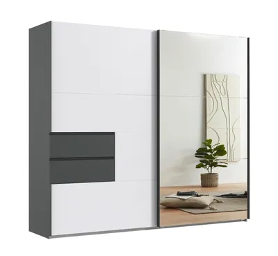 Produktbild von Schwebetürenschrank Kleiderschrank 250 cm Schubladen Grafit, Front Weiß Spiegel / 22050