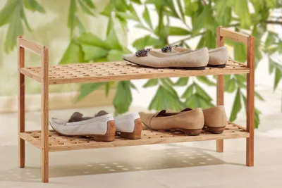 Produktbild von 5x Schuhregal, 2 lagig stapelbar Gitterdesign, Walnussholz