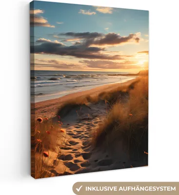 Produktbild von MuchoWow® - Leinwandbilder - Strand - Sonnenuntergang - Dünen - Meer - Sand, Wandbild, Wanddeko Bilder Wohnzimmer, 90x120 cm