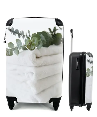 Produktbild von MuchoWow® Koffer Handgepäck Trolley Rollkoffer Kleine Reisekoffer mit 4 Rollen - Eukalyptusblätter auf weißen Handtüchern - Cabin Size < 55x40x23 cm & 55x40x20 cm - Fotokoffer - Kabinenkoffer - Boardgepäck - Reise-Box - Reisekoffer - Reisegepäck - Koffer mit Bild - Trolley für Kinder