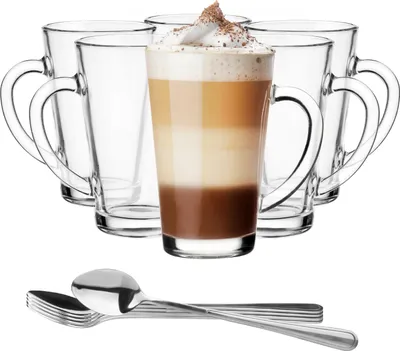 Zdjęcie produktu dla Glasmark Krosno szklanki do latte macchiato z 6 długimi łyżeczkami 6szt szklanki deserowe szklanki do wody szklanki do kawy szklanki do grzanego wina kubki do grzanego wina grube szklanki 6x300ml