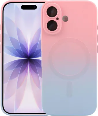 A smartphone with a pink and blue gradient case, showing the camera module and the MagSafe ring.