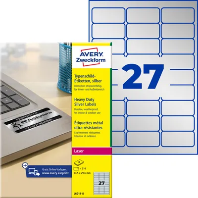 Produktbild von Avery Zweckform L6011-8, Typenschild-Etiketten, A4, 63,5 x 29,6 mm, 216 Etiketten / 8 Blatt, silber