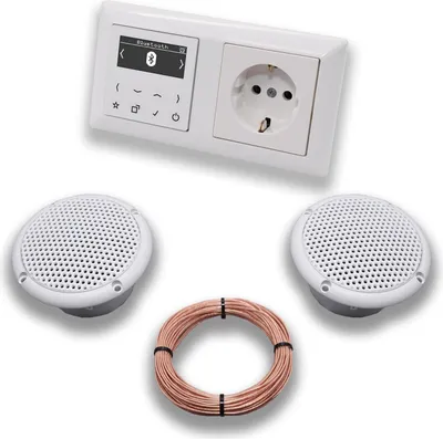 Produktbild von JUNG Smart Radio Unterputzradio DABABTWW DAB+ mit Bluetooth, JUNG AS 500 System alpinweiß, Komplett-Set mit 2 x Decken Feuchtraumlautsprecher Badezimmer + 20 m Lautsprecherkabel 2x0,75 mm2 + Steckdose
