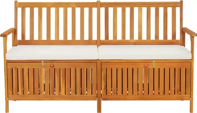 A wooden storage bench with a white cushion, shown from the front against a white background.