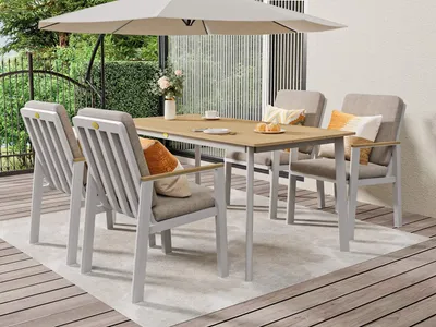 Produktbild von RICHLY Gartenlounge-Set Aluminium Gartenmöbelset (Garten Essgruppe für 4 Personen, 5-tlg., 4 x Sessel, 1 x Esstisch), wetterfestes Loungeset, Beige