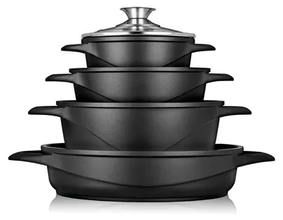 Produktbild von Briebe MGK-17 Kochtopf Set Induktions 8-Teilig Aluminiumguss 4 Kochtöpfen  4 Glasdeckel Schwarz