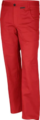 A pair of red work pants is shown against a white background.