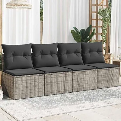 Produktbild von Gartenstuhl mit dick gepolsterten Kissen, Gartenmöbel Terrassenmöbel Gartensofa mit Kissen 4-Sitzer Grau Poly Rattan