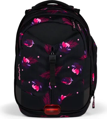 A black backpack with a floral pattern, shown from the front.