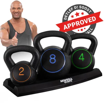 Produktbild von Miweba Sports Kettlebell-Set | 3-er Set - mit Ablage - 2kg, 4kg, 8kg - Ganzkörper-Workout - Schwunghantel - Widerstandsfähig - Kugelgewicht - Hantel