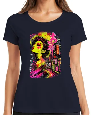 Productafbeelding van Tokyo Cyberpunk, dames T-shirt, neon, Japan, streetwear, synthwave, Y2K, manga, marineblauw, maat M