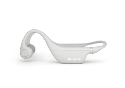 A white Philips bone conduction headphone is shown against a white background.