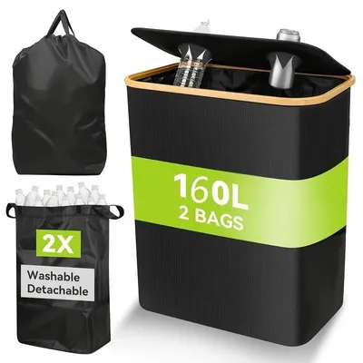 Produktbild von 160L Pfandflaschen Aufbewahrung mit Deckel,Inklusive 2 wiederverwendbare Innentaschen,Für Küche/Outdoor,Groß Behälter Leergut Flaschensammler,Schwarz.