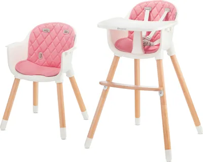 Two baby high chairs, one is a standard high chair and the other is a lower chair, both with pink cushions and wooden legs, on a white background.