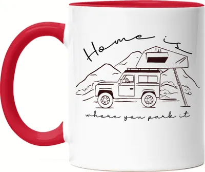 Produktbild von Camping Tasse Rot mit Spruch Home is where you park it Geschenkidee für Camper Camping-Fans Wohnmobil Geländewagen Dachzelt