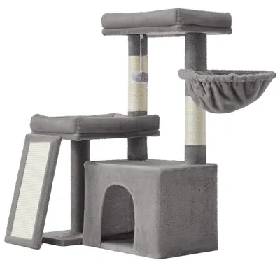 Obrázek produktu pro Kočičí strom s domečkem, rampou a košem, 2 platformami | Světlě šedá barva | 58,9 x 92,5 x 85,8 cm