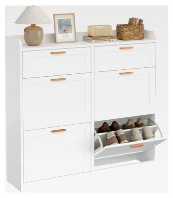Produktbild von Schuhschrank mit 4 Klappen und 2 Schubladen, verstellbare Trennwand, für 16-24 Paar Schuhe, 24 x 100 x 103 cm, Weiß