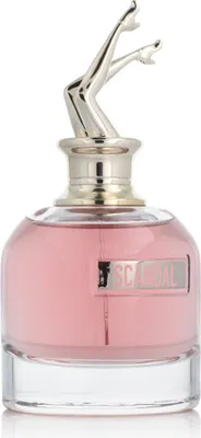 A perfume bottle with a pink liquid and a silver cap shaped like legs.