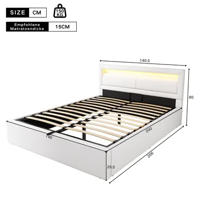 A white upholstered bed frame with a slatted base and LED lighting in the headboard, shown with dimensions indicated.
