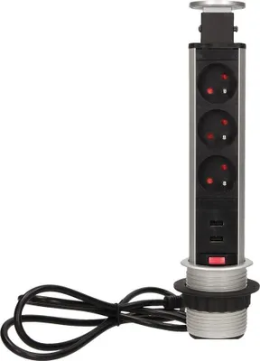 Imagen del producto de Enchufe empotrable de 6 cm, 3 tomas de 250V, con cargador USB y cerradura, modelo OR-AE-1349, longitud del cable: 1,8 metros