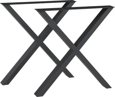 Two black metal table legs in an X-shape, presented against a white background.