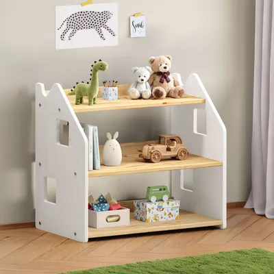 Produktbild von Kinderregal YASMIN 3 Ablagen natur/weiß - Montessori Regal für Spielzeug und Bücher, Kinderzimmer Aufbewahrung aus Kiefer Massivholz, Regalaufbewahrung