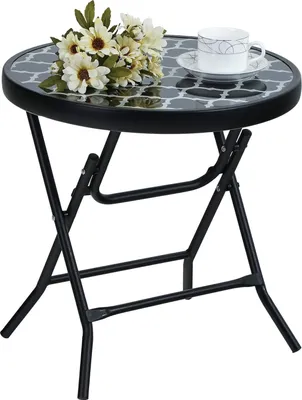 Produktbild von Inklappbare runde Glastisch aus Metall - wetterfeste kleine Gartentisch für Balkon und Terrasse